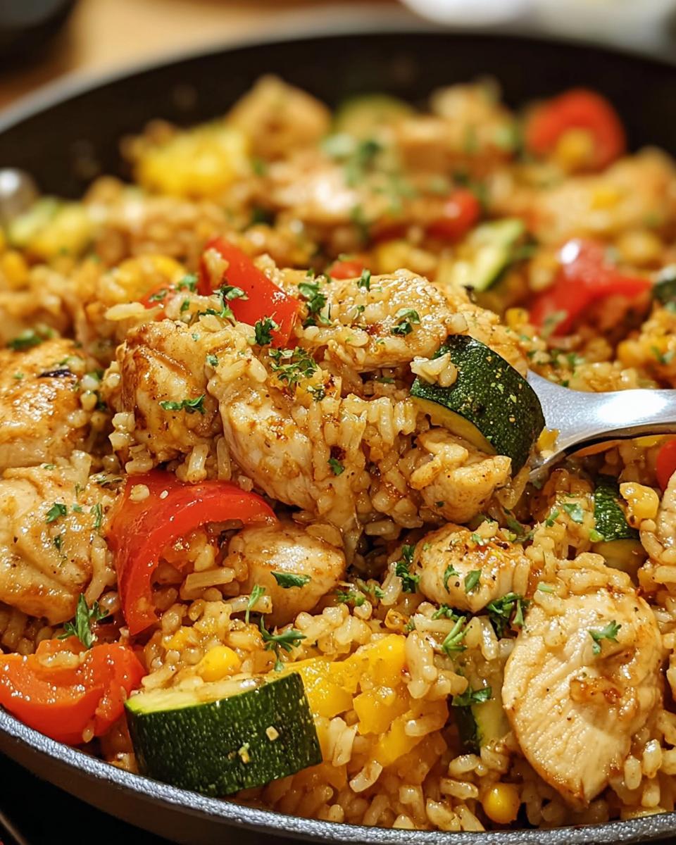 A fork lifts a portion of creamy chicken and rice skillet with colorful vegetables like zucchini, bell peppers, and corn.