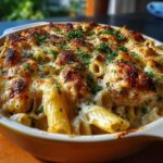 A close-up of a baked Creamy Garlic Parmesan Chicken Pasta Dinner, with golden-brown cheese and fresh parsley.