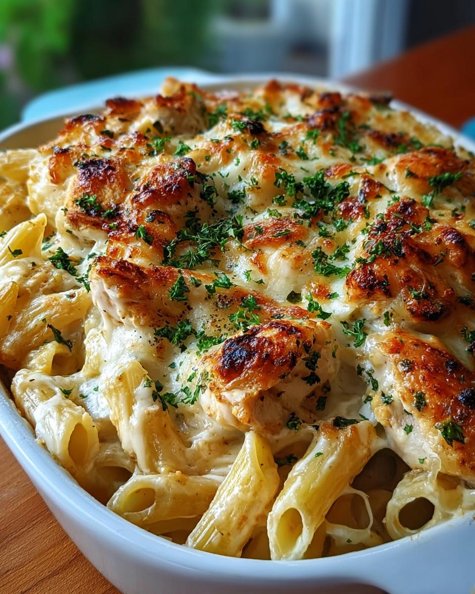 A close-up of a baked Creamy Garlic Parmesan Chicken Pasta Dinner in a white dish, topped with melted cheese and parsley.