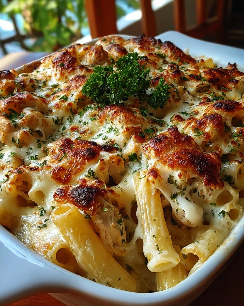 A close-up of a baked Creamy Garlic Parmesan Chicken Pasta Dinner in a white dish, topped with melted cheese and parsley.