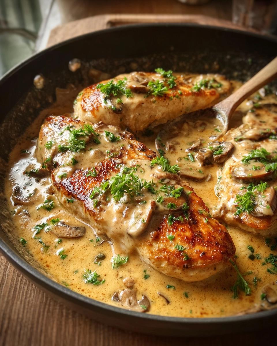 Close-up of pan-seared Creamy Mushroom Chicken Breasts in a rich sauce, garnished with parsley.