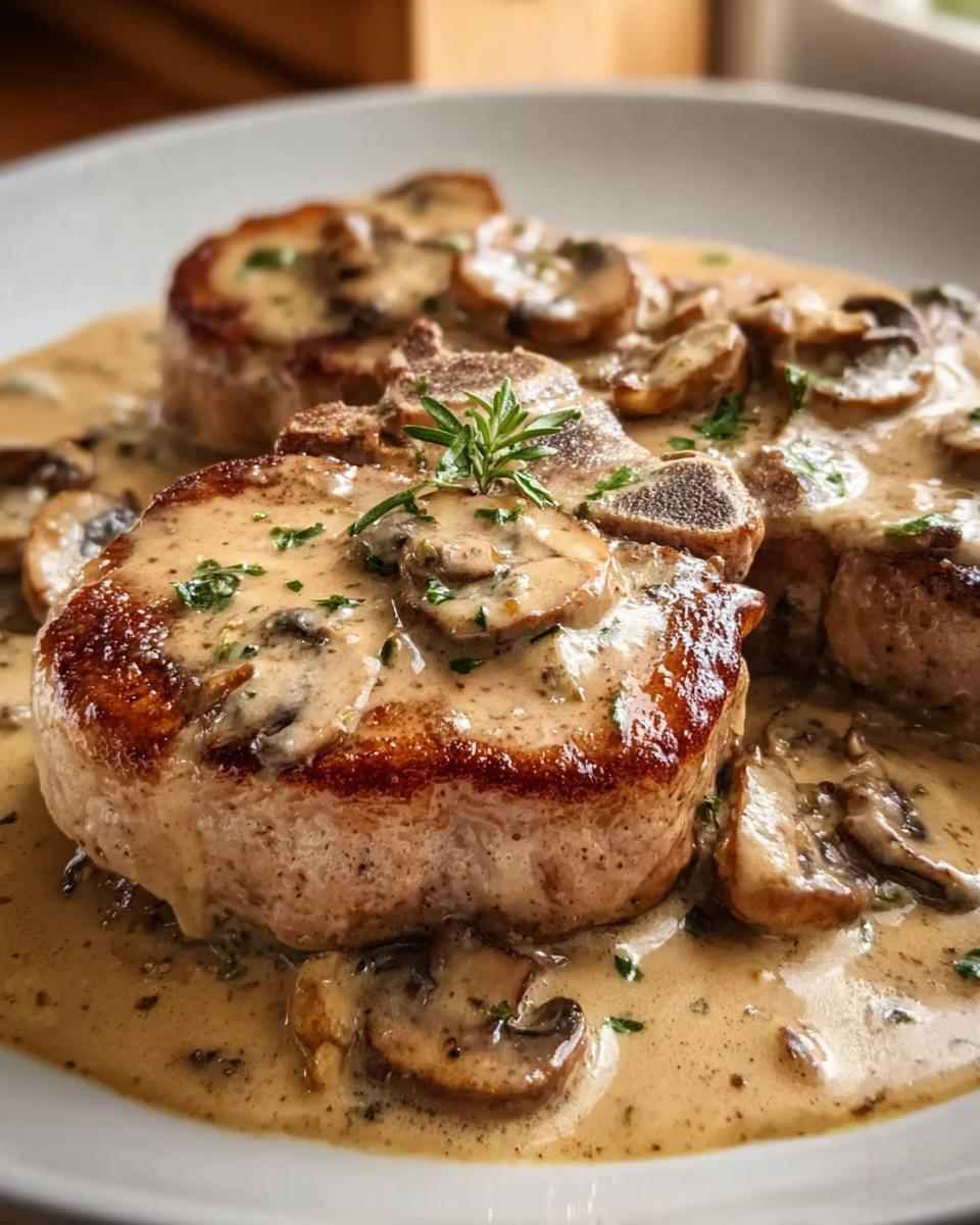 Close-up of pan-seared pork chops smothered in a rich, creamy mushroom sauce, garnished with fresh herbs.