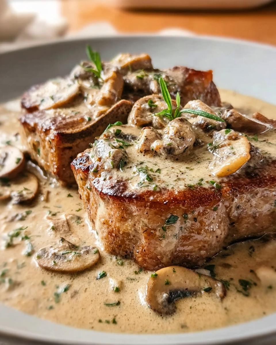 Two juicy pork chops smothered in a creamy mushroom sauce, garnished with fresh herbs.