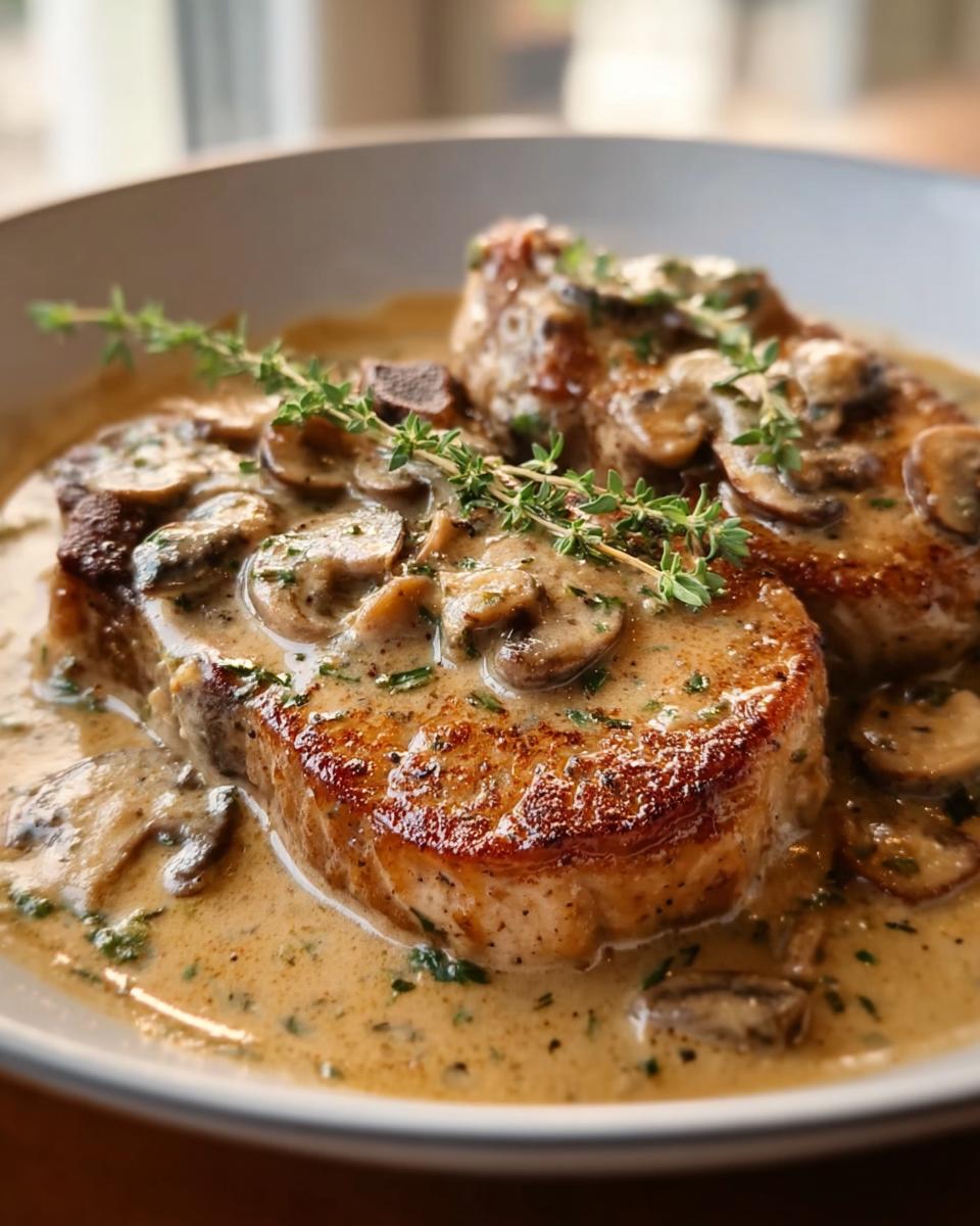 Two juicy pork chops smothered in a rich, creamy mushroom sauce, garnished with fresh thyme.