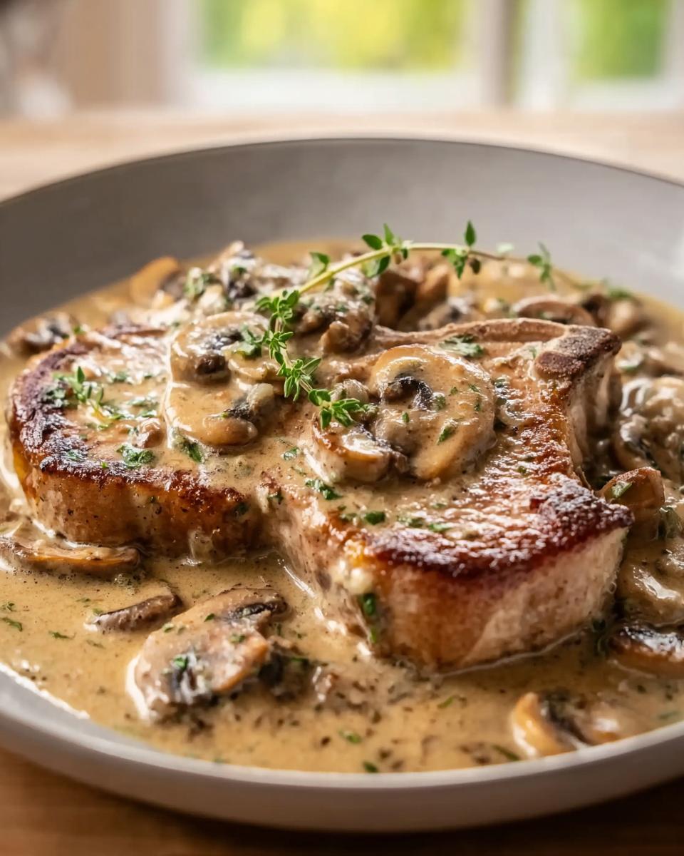 Close-up of a juicy pork chop smothered in creamy mushroom sauce, garnished with fresh thyme.