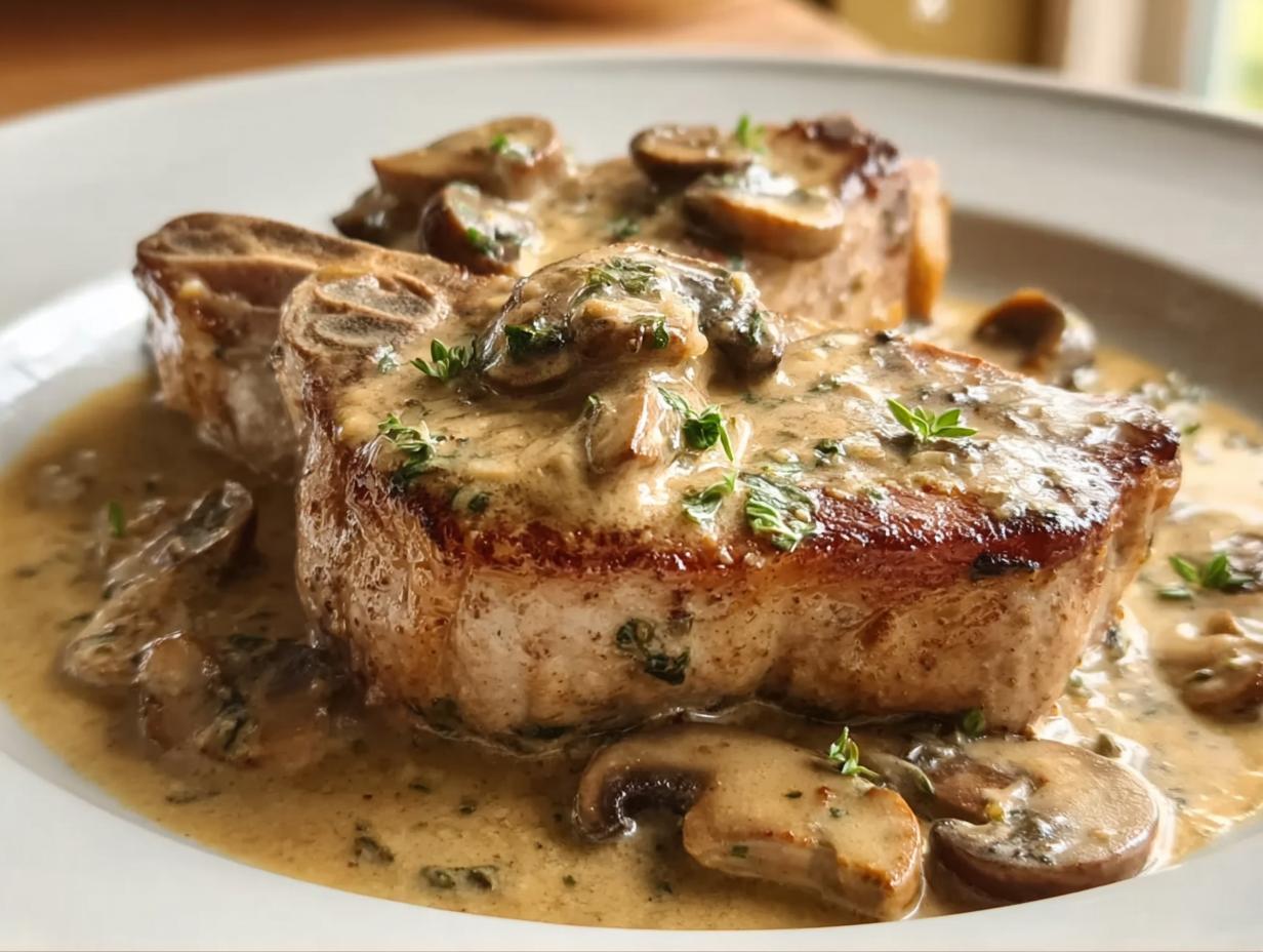 Two juicy pork chops smothered in a rich, creamy mushroom sauce, garnished with fresh herbs.