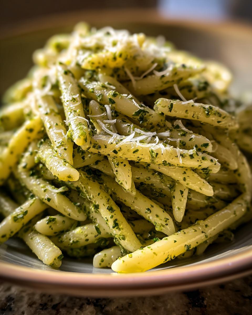 A close-up of creamy pesto pasta coated in bright basil pesto and sprinkled with Parmesan cheese.