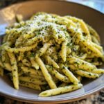 A close-up of delicious Creamy Pesto Pasta with Bright Basil, topped with grated Parmesan cheese.