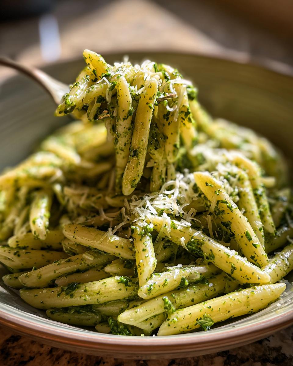 A fork lifting a portion of Creamy Pesto Pasta with Bright Basil, sprinkled with Parmesan cheese.