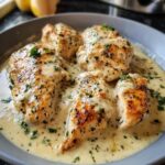 Close-up of tender, pan-seared chicken breasts coated in a rich, creamy ranch sauce, garnished with fresh parsley.