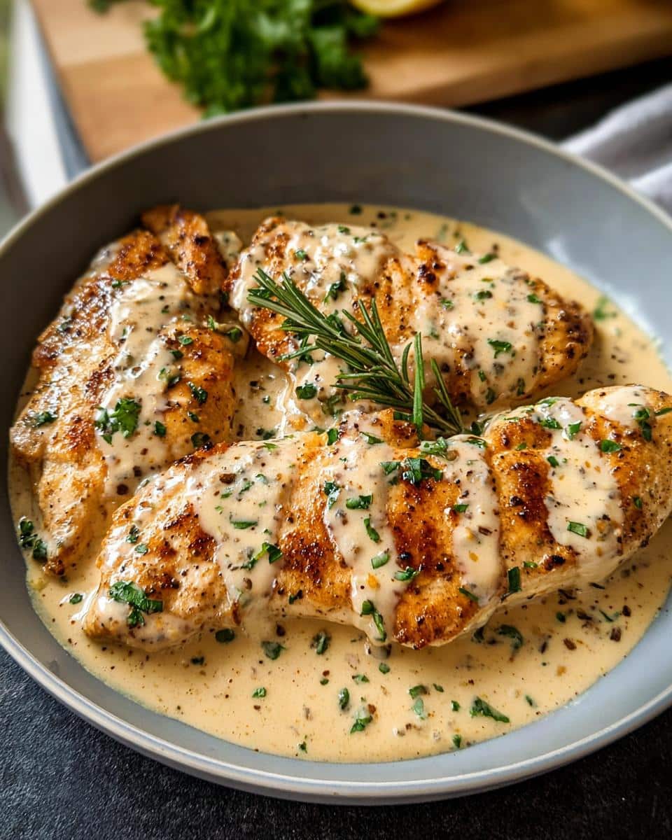 Close-up of pan-seared Creamy Ranch Chicken breasts in a rich, creamy sauce, garnished with fresh herbs.