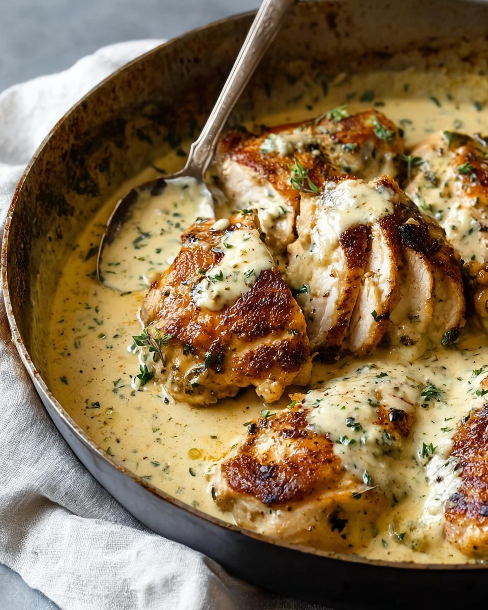 Close-up of pan-seared Creamy Ranch Chicken pieces in a rich, herb-flecked sauce.