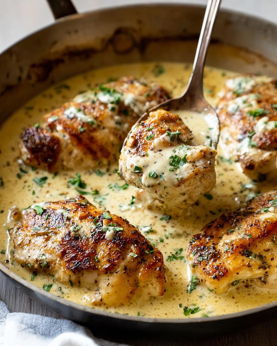 A spoonful lifting a piece of golden-brown Creamy Ranch Chicken from a skillet filled with rich, creamy sauce and garnished with parsley.