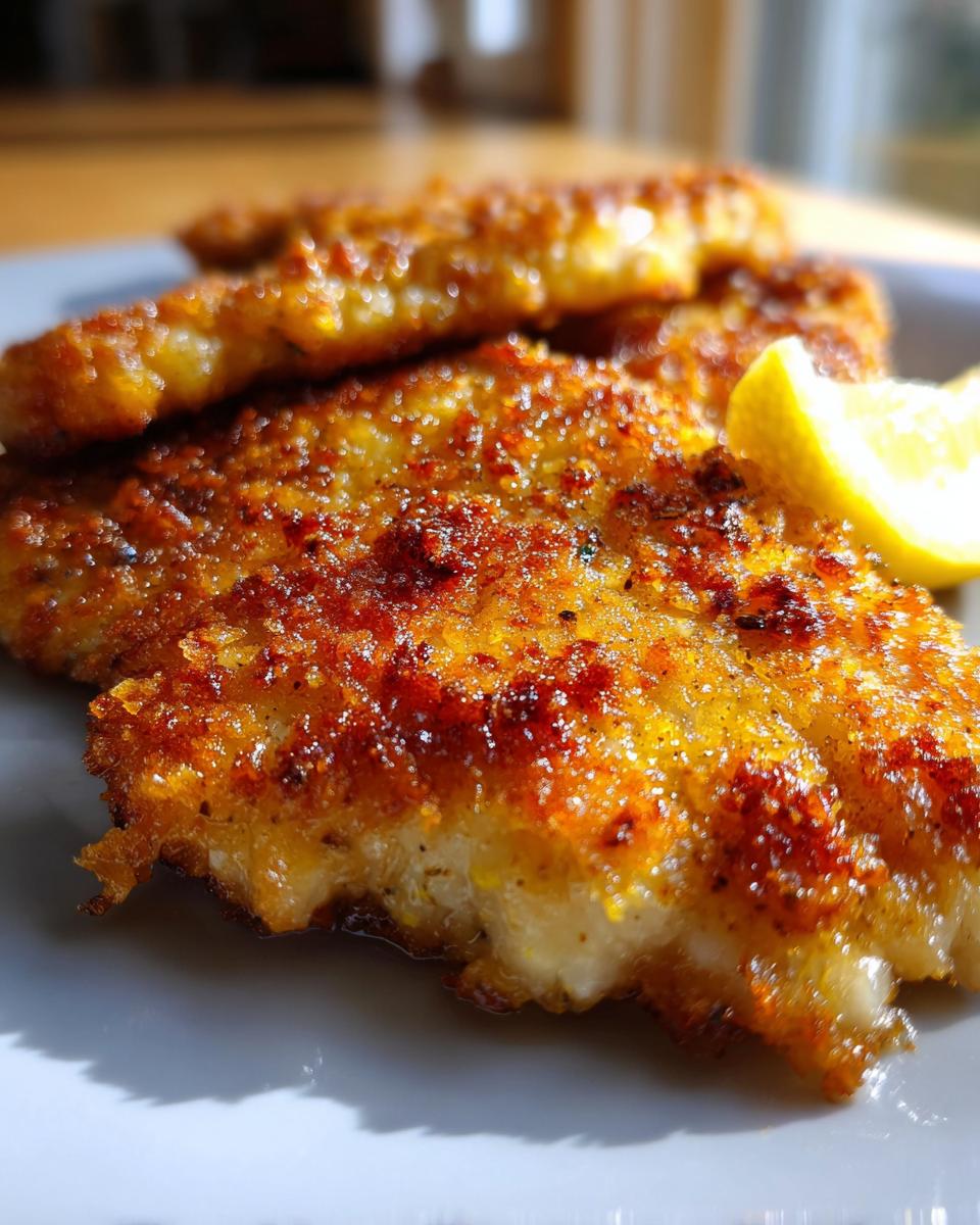 Close-up of golden brown crispy chicken cutlets served with a lemon wedge.
