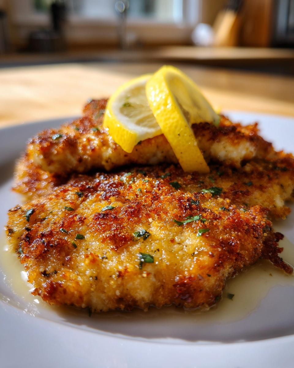 Golden brown crispy chicken cutlets topped with fresh lemon slices and parsley.