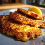 A close-up of golden brown, crispy chicken cutlets with a lemon wedge on a gray plate.