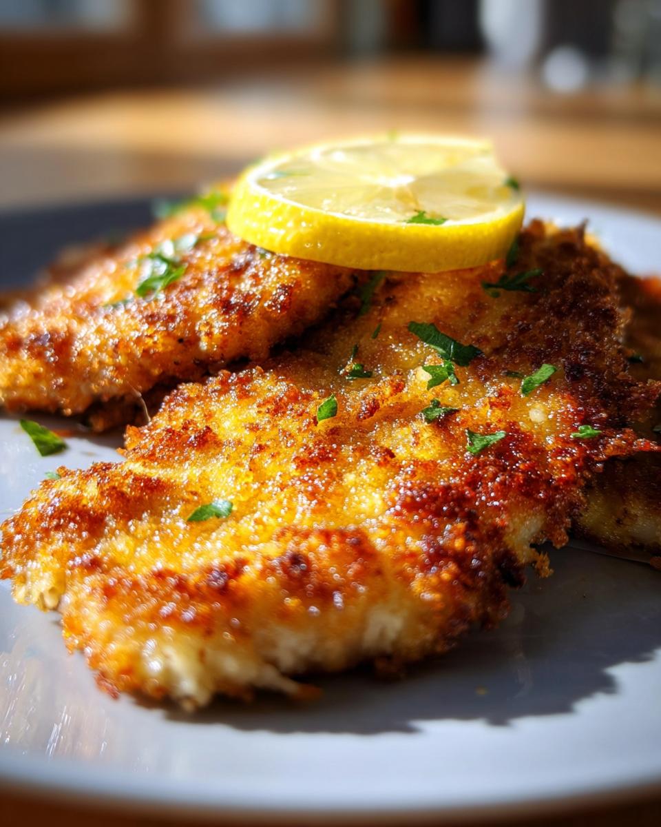 Close-up of golden brown Crispy Chicken Cutlets with Lemon, garnished with fresh parsley.