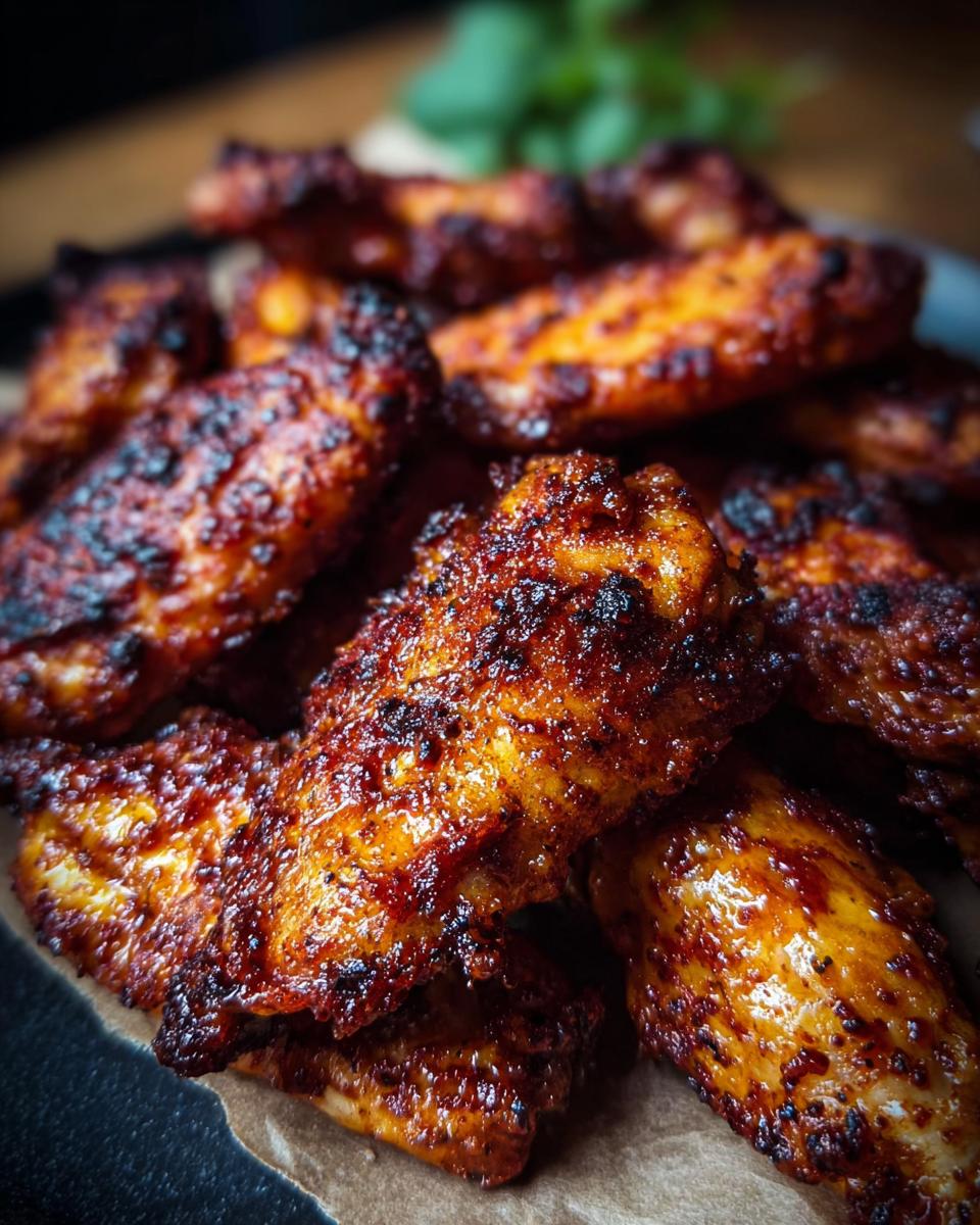 Close-up of a pile of perfectly crispy oven baked chicken wings with a glistening, spiced glaze.