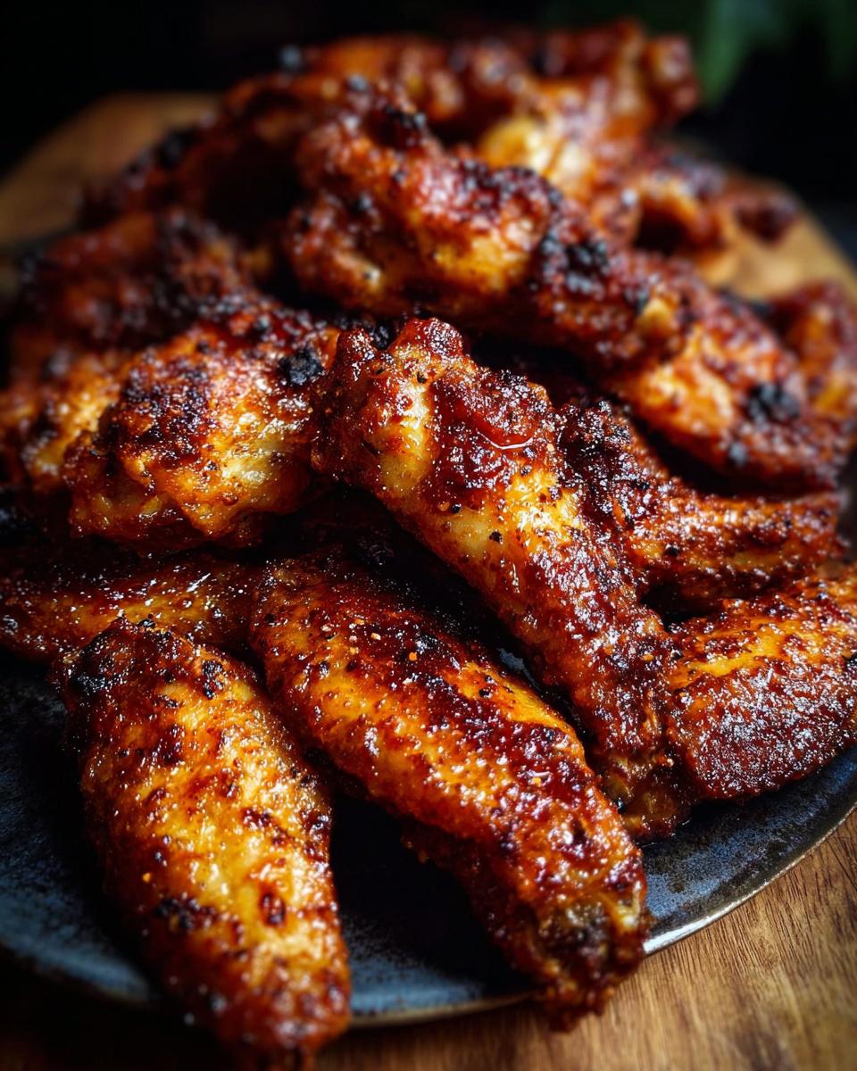 Close-up of a pile of perfectly Crispy Oven Baked Chicken Wings with a glistening glaze.