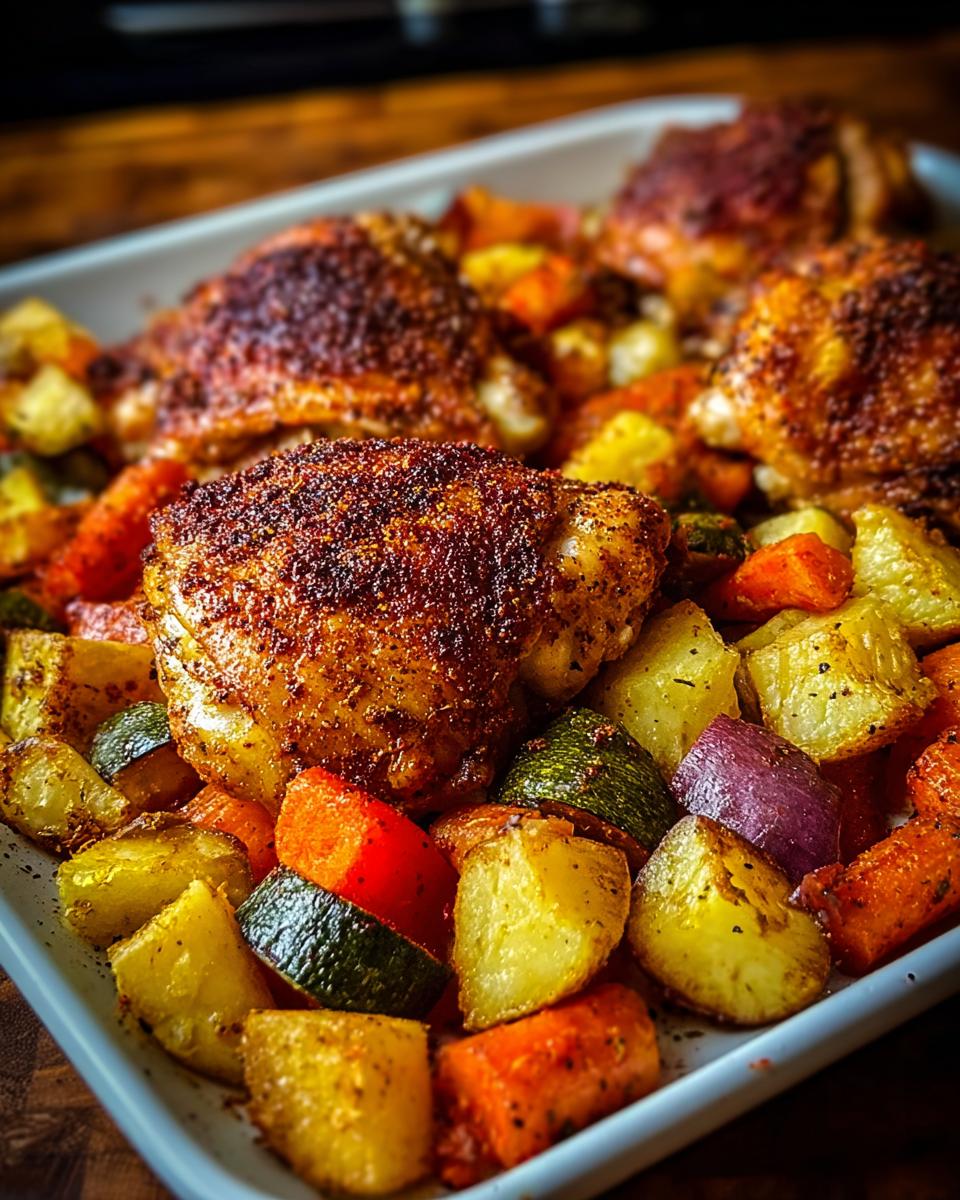 Close-up of Crispy Oven Chicken Thighs with Paprika Rub nestled amongst roasted potatoes, carrots, and zucchini.