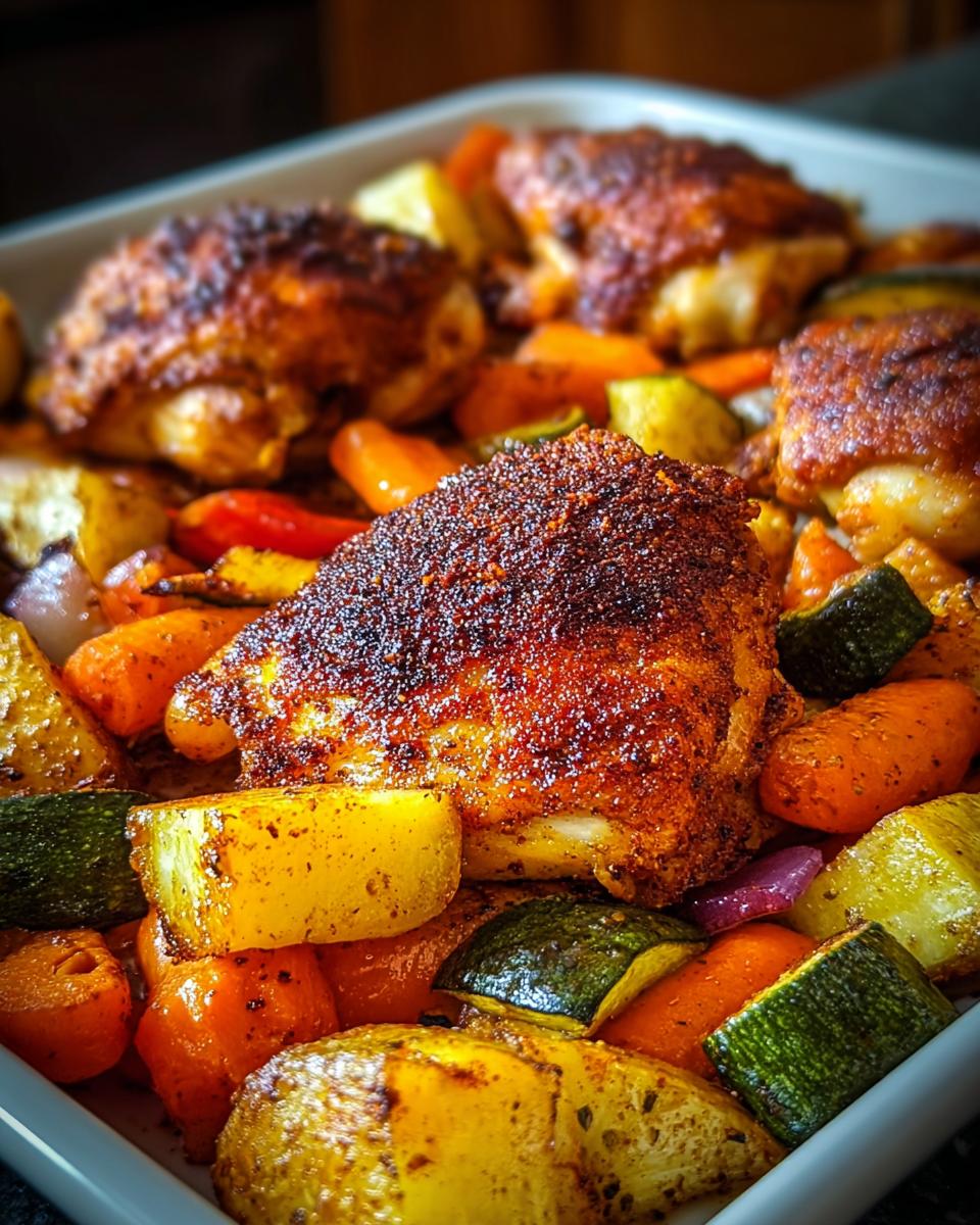 Close-up of Crispy Oven Chicken Thighs with Paprika Rub, surrounded by roasted potatoes, carrots, and zucchini.
