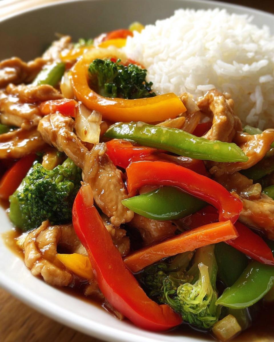 A vibrant dish of easy chicken stir fry with colorful bell peppers, broccoli, snap peas, and carrots, served with white rice.