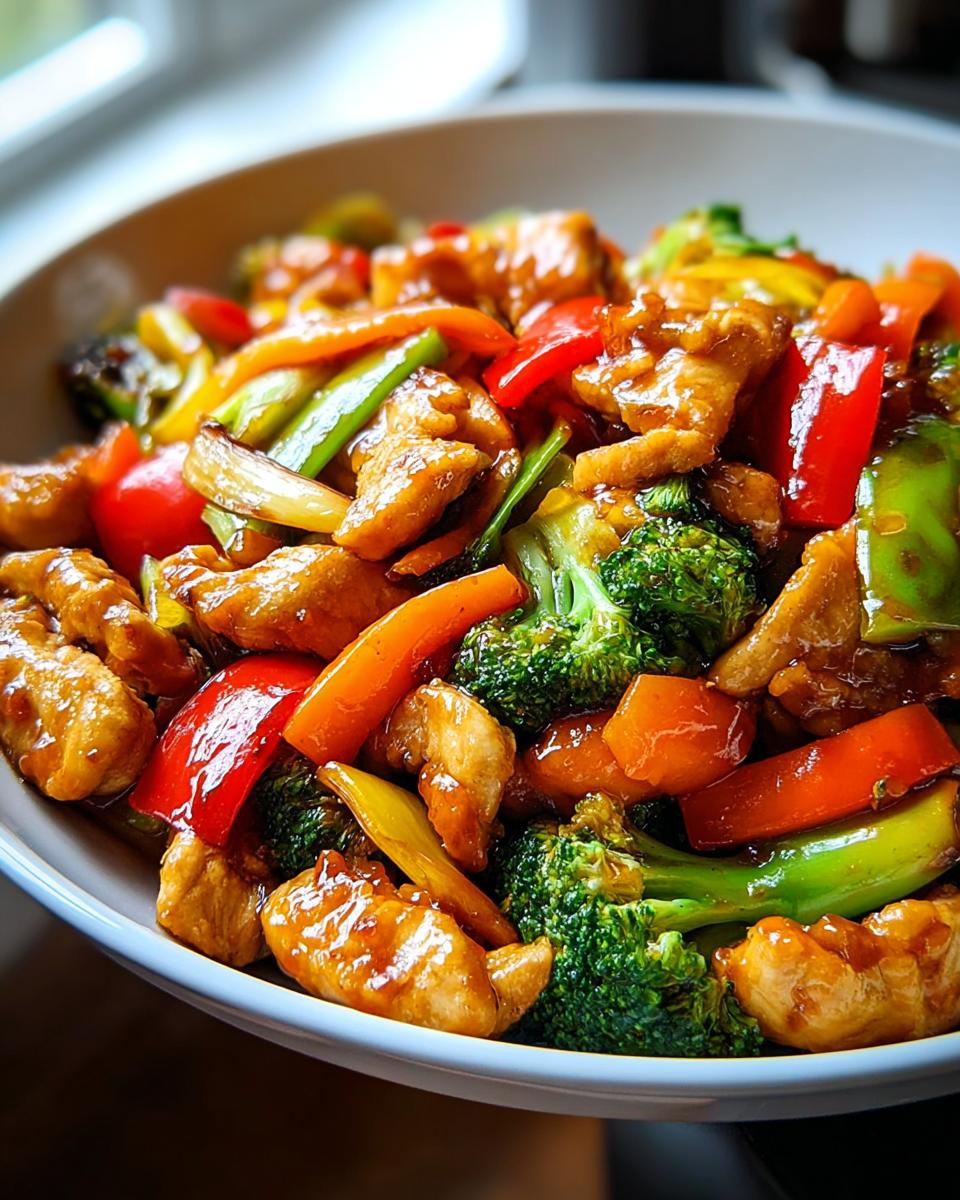 A close-up of an Easy Chicken Stir Fry with Colorful Veggies, featuring tender chicken pieces and vibrant broccoli, bell peppers, and carrots in a glossy sauce.