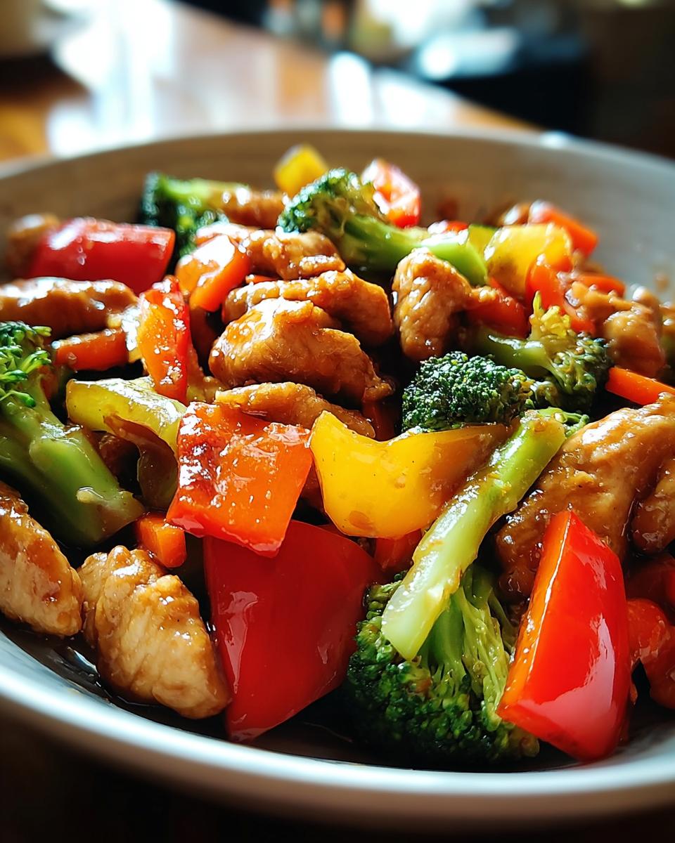 Close-up of a bowl filled with Easy Chicken Stir Fry, featuring tender chicken pieces, broccoli florets, and vibrant red and yellow bell peppers.