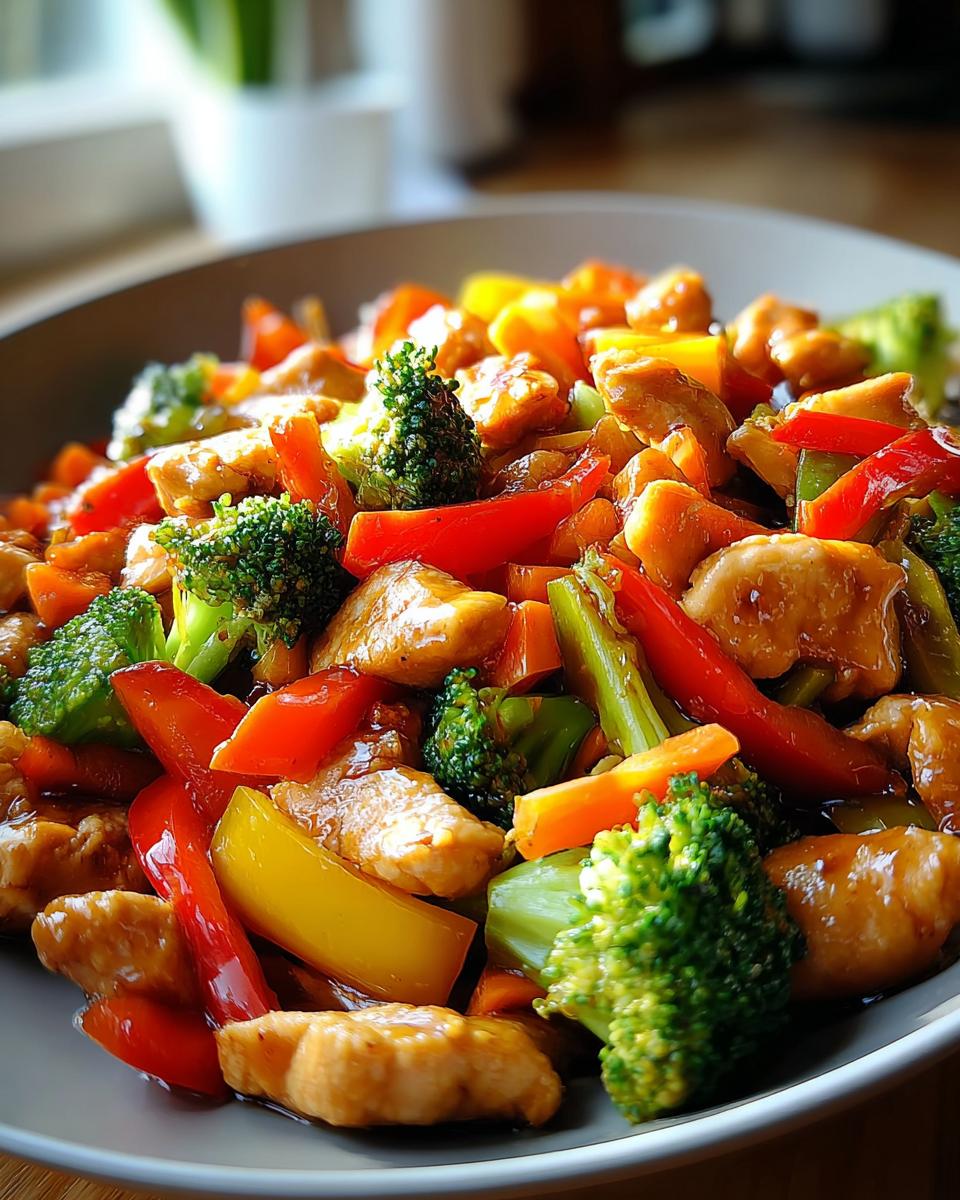 A close-up of an Easy Chicken Stir Fry with Colorful Veggies, featuring tender chicken pieces and vibrant broccoli, bell peppers, and carrots in a glossy sauce.