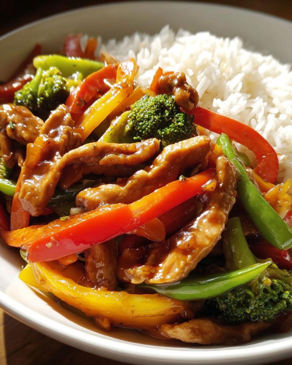 A close-up of easy chicken stir fry with colorful bell peppers, broccoli, and snap peas served over white rice.