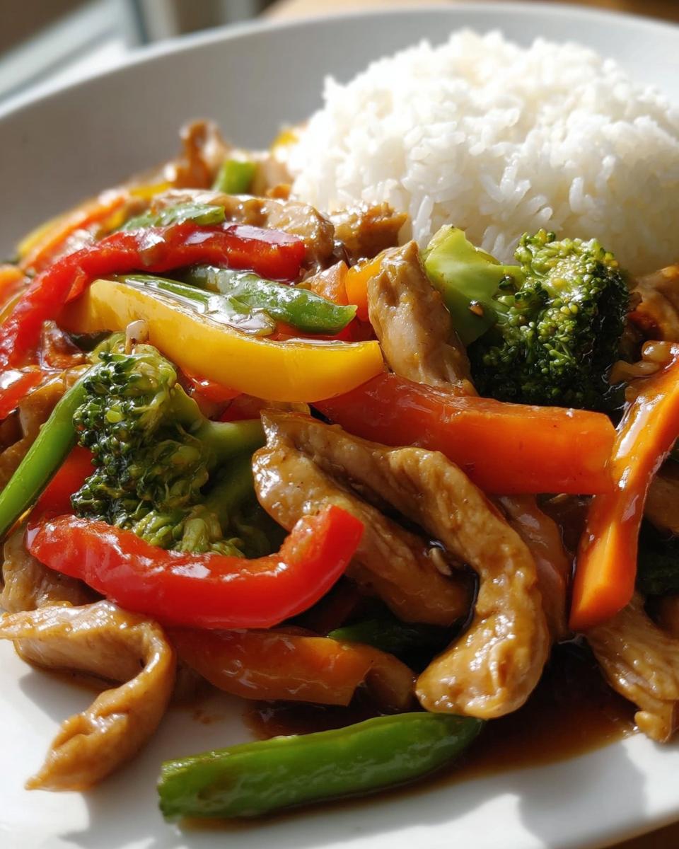 A close-up of easy chicken stir fry with colorful vegetables like broccoli, bell peppers, and carrots, served with rice.