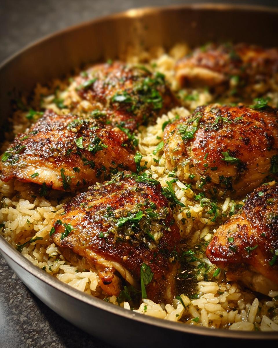 Close-up of a pot of Easy Pot Chicken and Rice with Garlic and Herbs, featuring golden-brown chicken thighs nestled in fluffy rice.