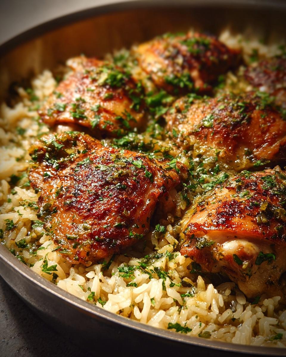 Close-up of golden-brown chicken thighs nestled in fluffy rice, garnished with fresh herbs.