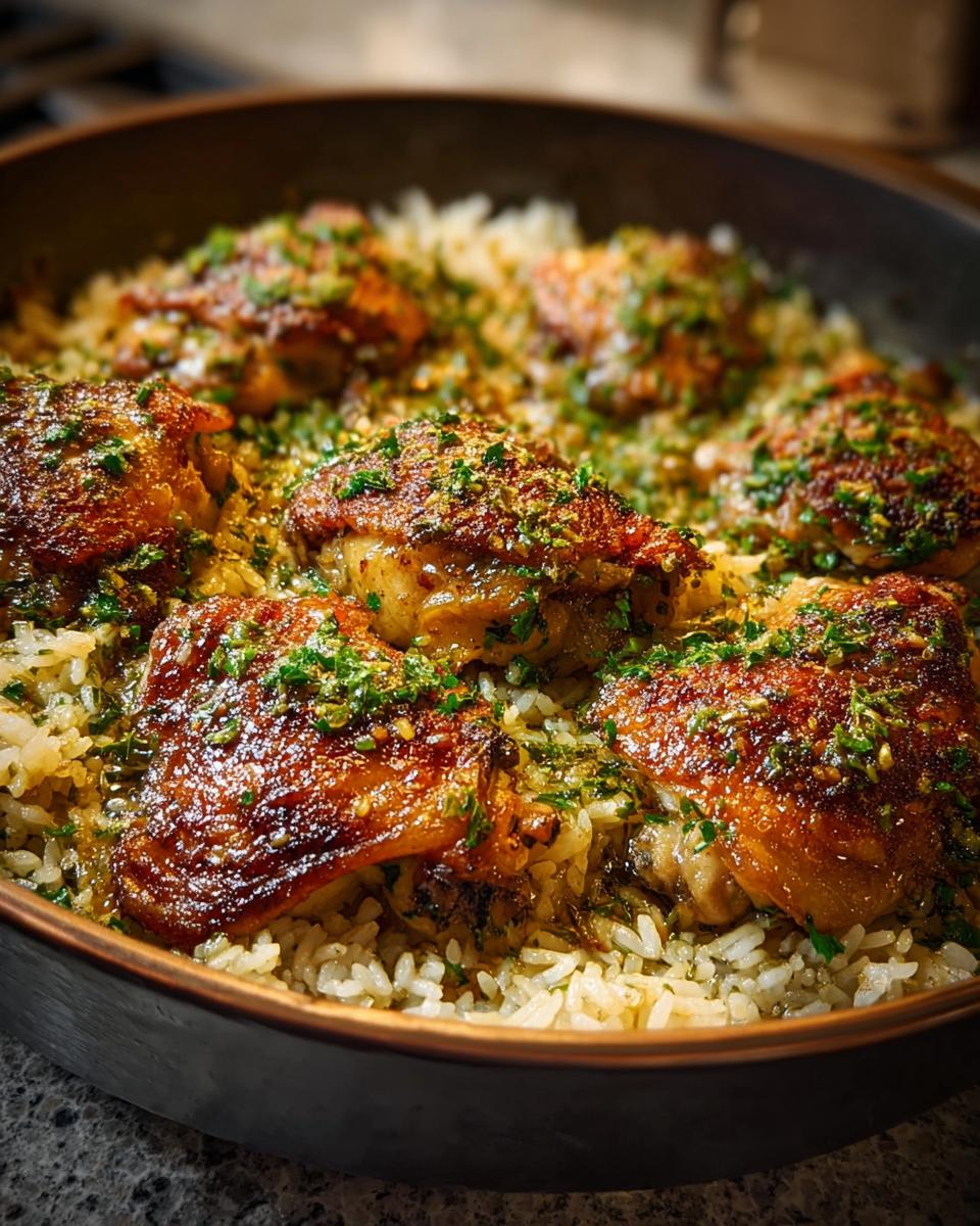 Close-up of a pot of Easy Pot Chicken and Rice, featuring golden-brown chicken thighs nestled in fluffy rice, garnished with fresh herbs.