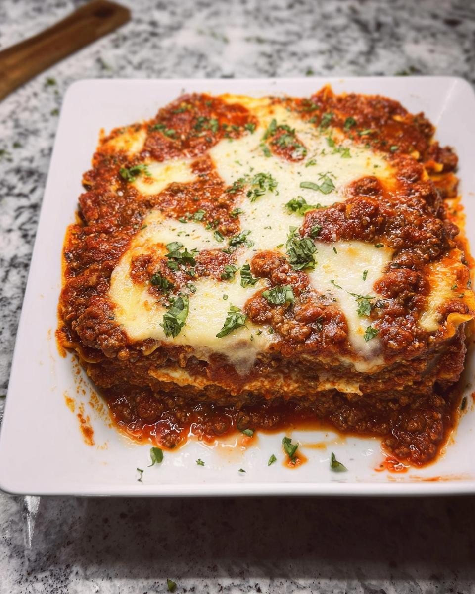 A delicious slice of Easy Weeknight Lasagna Bake with Mozzarella, topped with fresh parsley.
