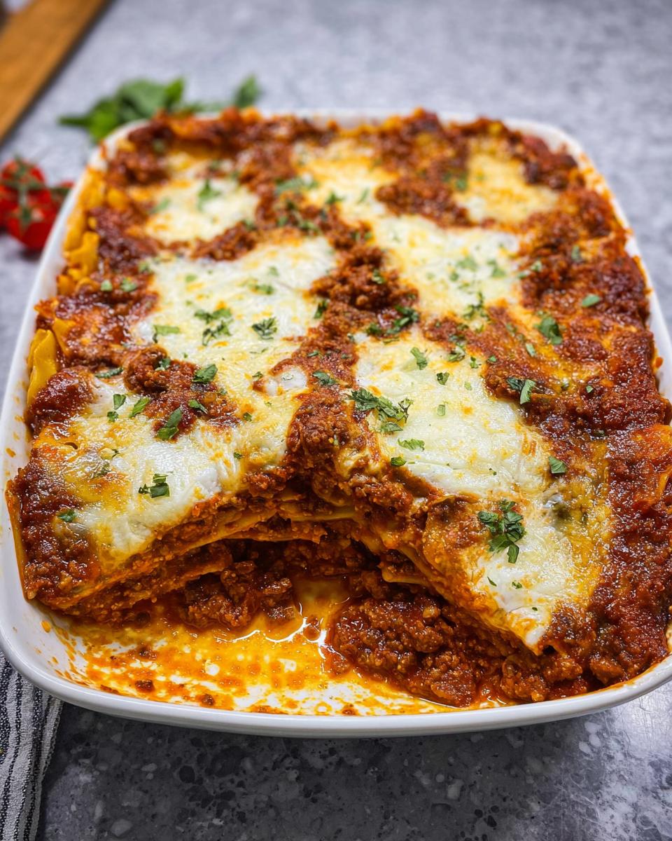 A close-up of a freshly baked Easy Weeknight Lasagna Bake with melted mozzarella cheese and rich meat sauce.