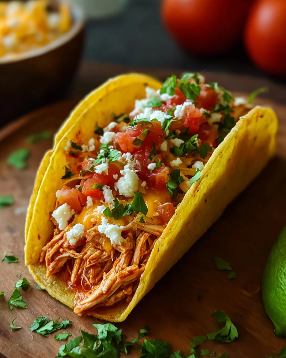 A delicious taco filled with shredded Fast Salsa Chicken, cheese, diced tomatoes, and crumbled cheese.