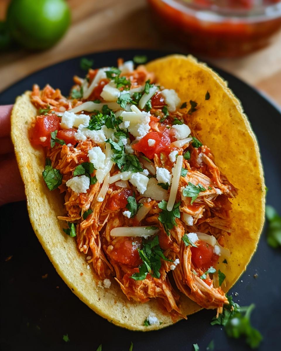 A close-up of a corn tortilla filled with shredded Fast Salsa Chicken, topped with cheese, diced tomatoes, and cilantro.