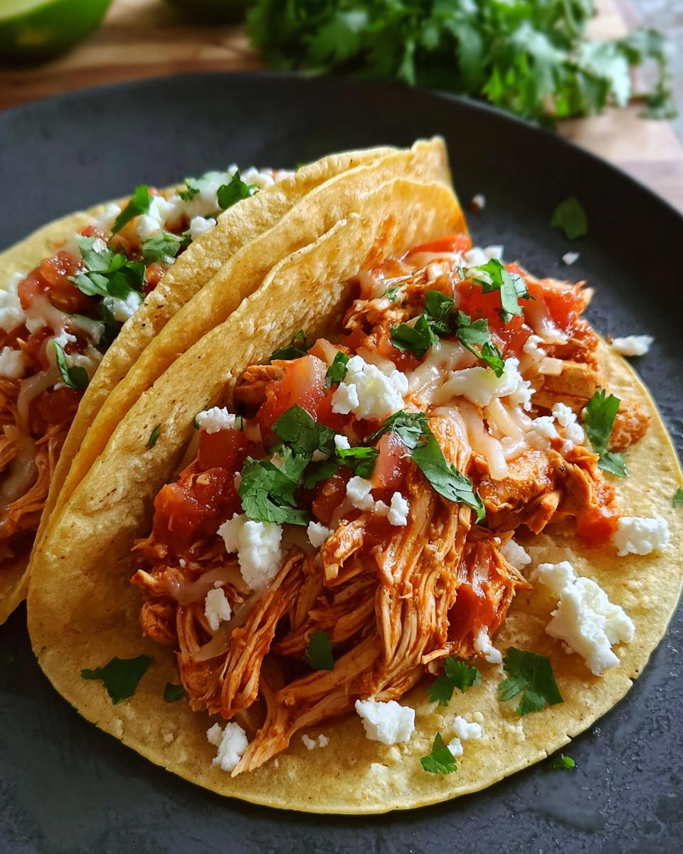 Close-up of two tacos filled with shredded Fast Salsa Chicken, topped with cheese, tomatoes, and cilantro.