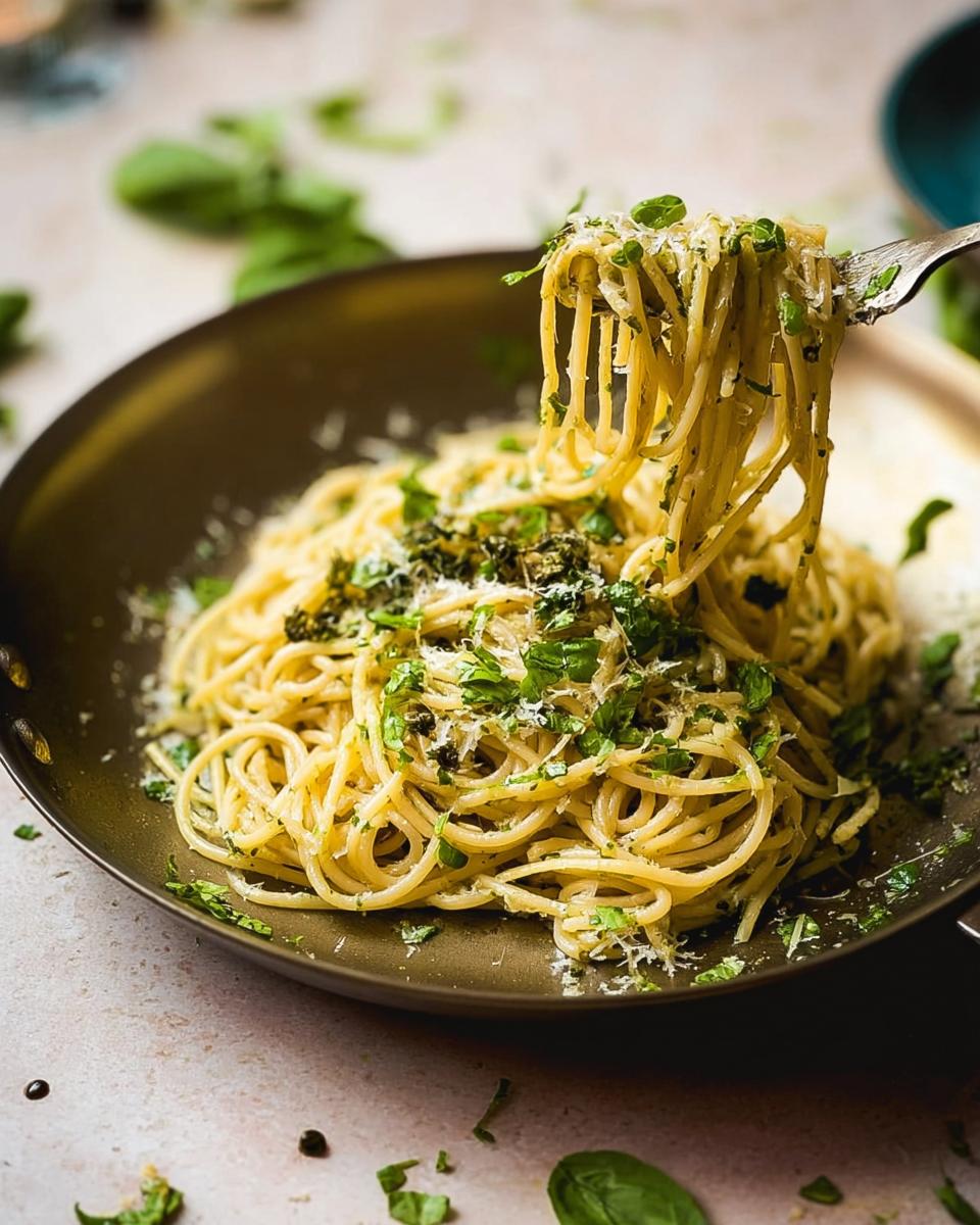A fork twirls spaghetti coated in garlic butter sauce, topped with Parmesan cheese and fresh herbs.