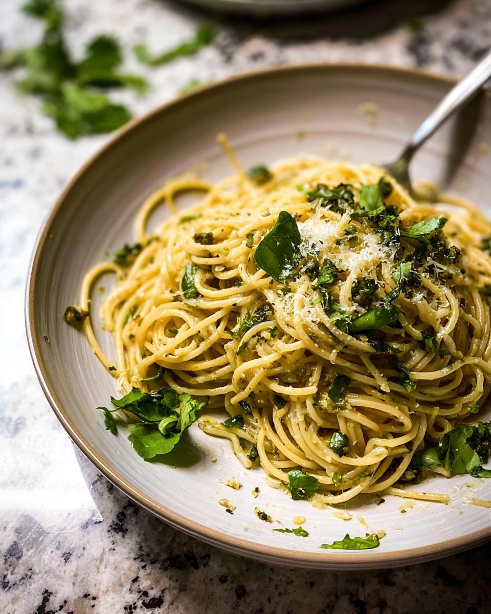 A close-up of Garlic Butter Pasta with Parmesan and Herbs, tossed with fresh greens and topped with grated cheese.