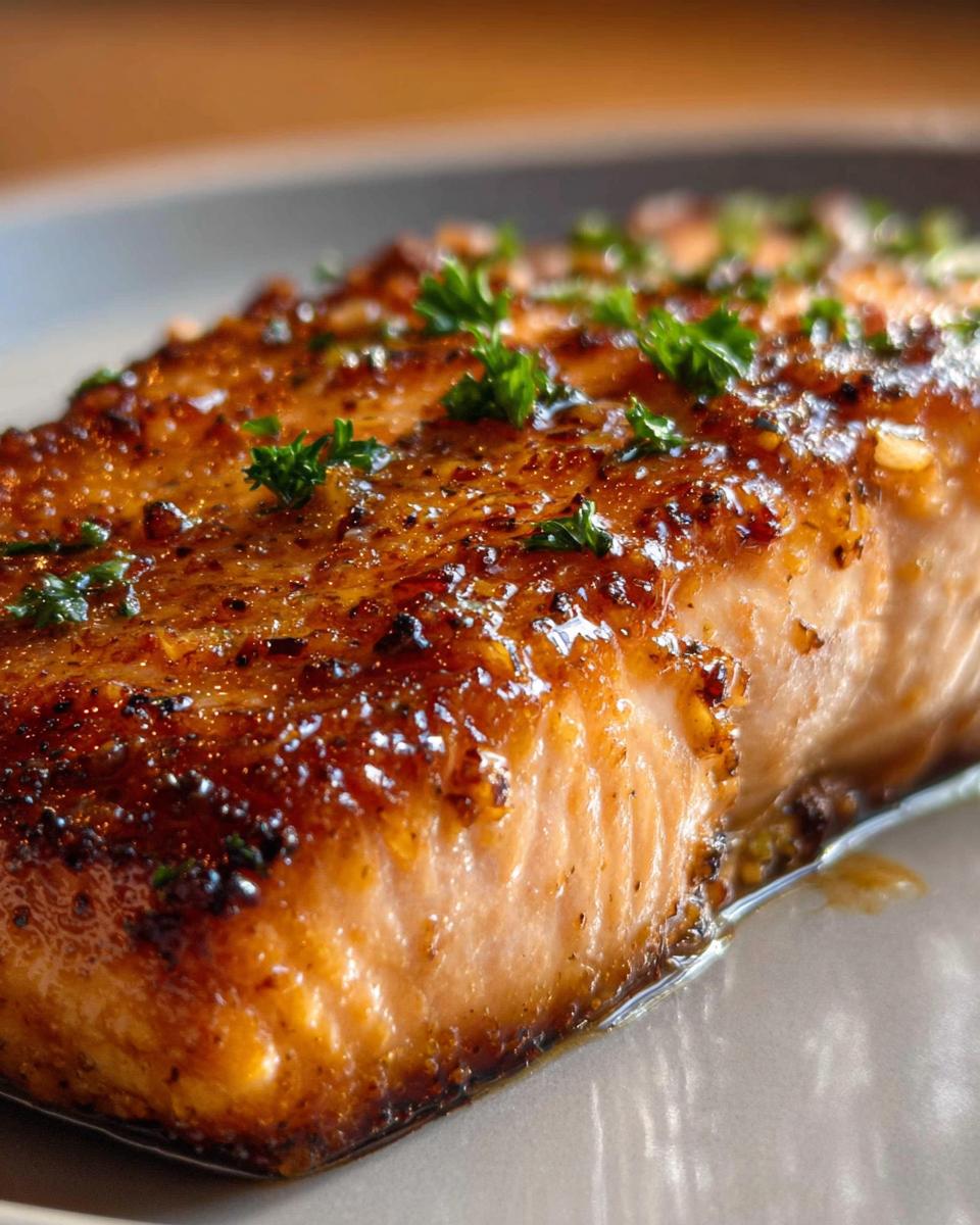 A close-up of a perfectly cooked Garlic Butter Salmon fillet with crispy edges and fresh parsley garnish.