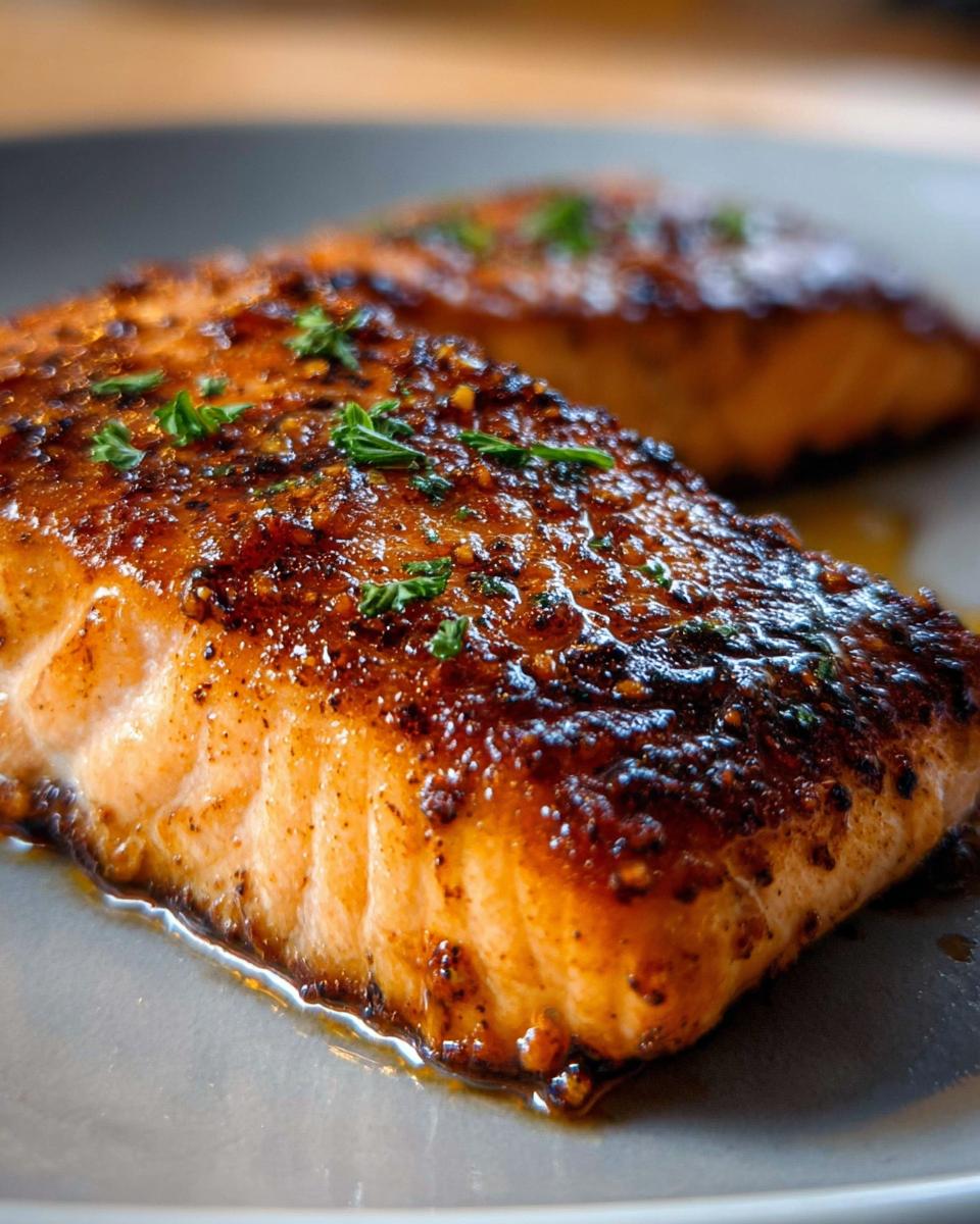 Close-up of a perfectly cooked Garlic Butter Salmon fillet with crispy edges and a glistening glaze, garnished with fresh parsley.