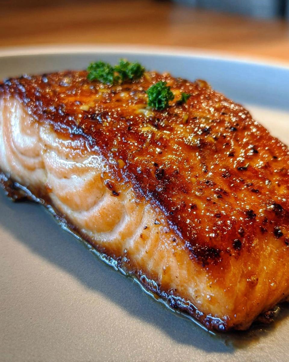 A close-up of a perfectly cooked Garlic Butter Salmon fillet with crispy edges and a glistening glaze, garnished with parsley.