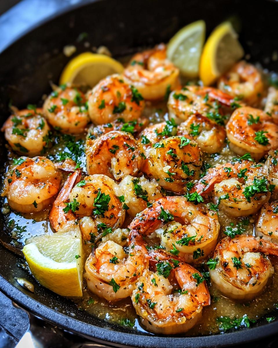 Close-up of Garlic Butter Shrimp cooked in a fast skillet, garnished with parsley and lemon wedges.