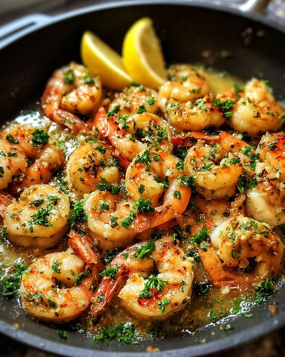 Close-up of succulent Garlic Butter Shrimp cooked in a fast skillet, garnished with fresh parsley and lemon wedges.