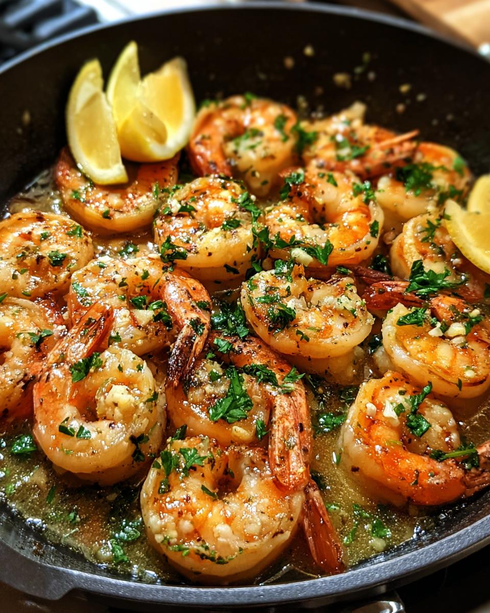 Close-up of Garlic Butter Shrimp cooked in a fast skillet, garnished with parsley and lemon wedges.