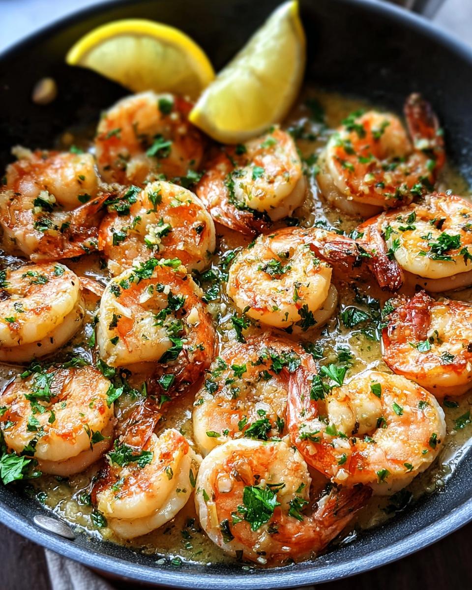 Close-up of juicy Garlic Butter Shrimp cooked in a fast skillet, garnished with parsley and lemon wedges.