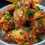 A close-up of crispy Garlic Parmesan Wings with Savory Crunch, generously sprinkled with parsley.