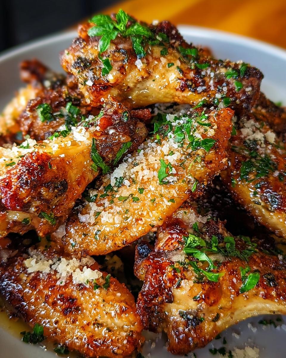 A close-up of a pile of crispy Garlic Parmesan Wings with Savory Crunch, garnished with parsley and cheese.